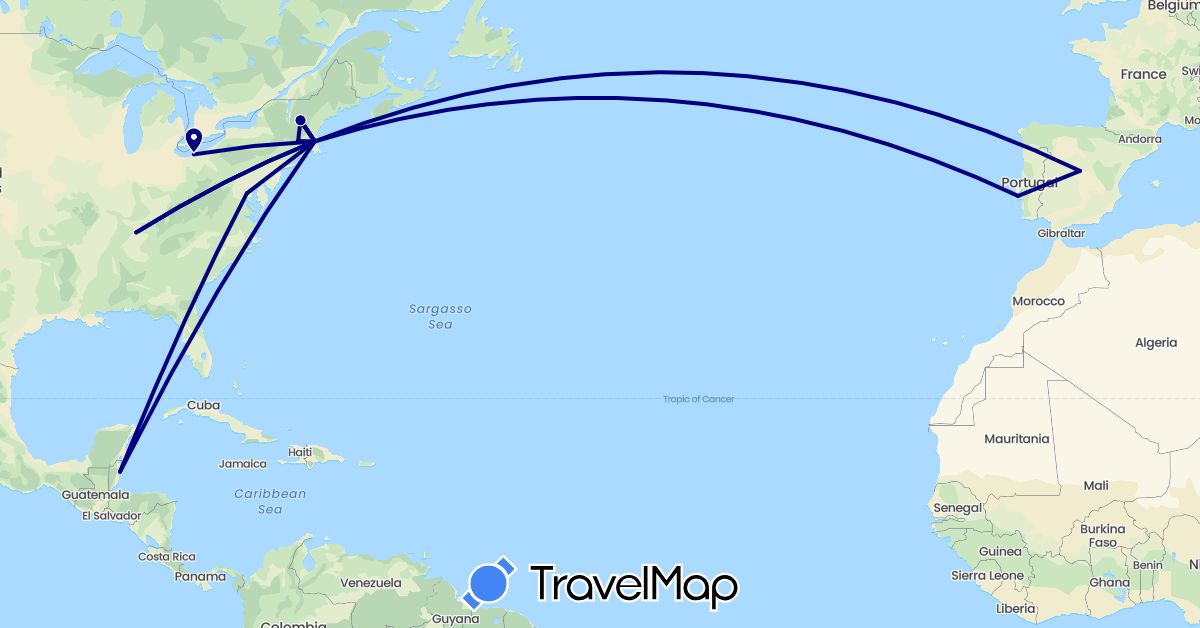 TravelMap itinerary: driving in Belize, Spain, Portugal, United States (Europe, North America)